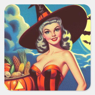 Sticker Carré Halloween rétro Pin-up sorcière