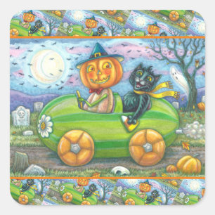 STICKER CARRÉ HALLOWEEN ROAD TRIP, JACK ET CHAT NOIR AMIS