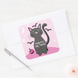 Sticker Carré Halloween rose Baby shower fille chatte noir