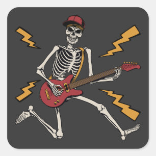 Sticker Carré Halloween Skeleton Rock Main Jouer de la guitare