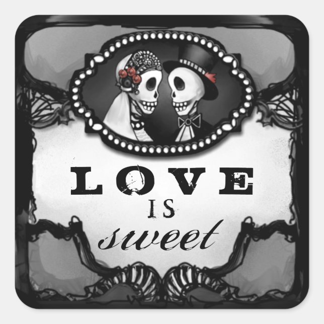Sticker Carré Halloween Skeletons Mariage L'amour est Carré doux (Devant)
