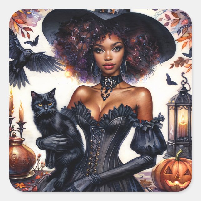 Sticker Carré Halloween Sorcière noire avec chat automne (Devant)