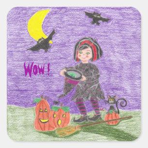 Sticker Carré Halloween sorcière, Wow ! récompenser les autocoll