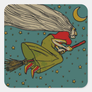 Sticker Carré Halloween vintage, sorcière maléfique volant sur u