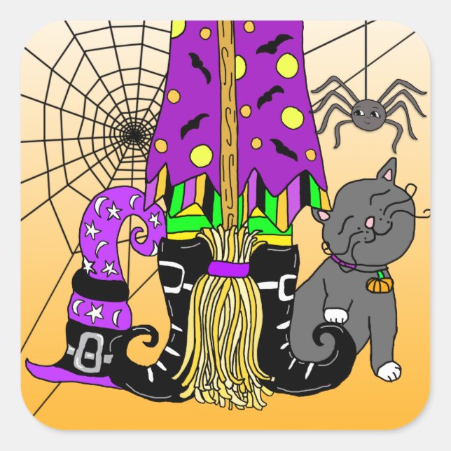 Sticker Carré Halloween Witch, Chat, Araignée et Broomstick (Devant)