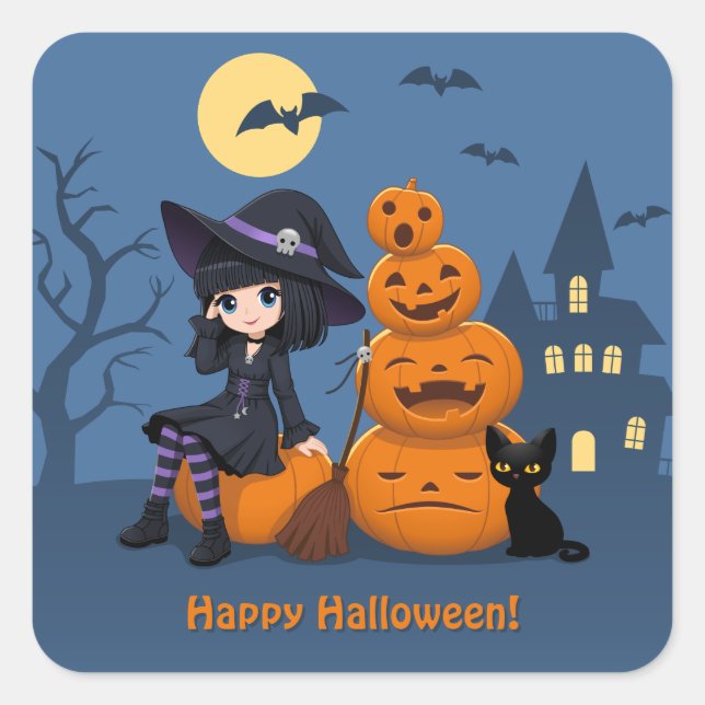 Sticker Carré Halloween Witch, Chat noir et Citrouille (Devant)