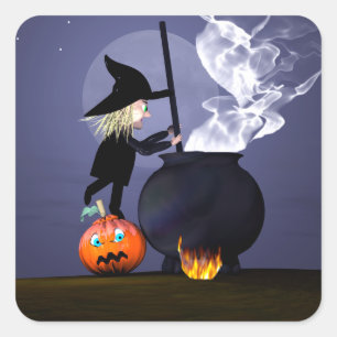 Sticker Carré Halloween Witch et Cauldron