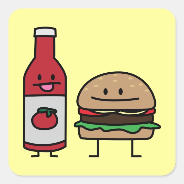 Sticker Carré Hamburger et Ketchup fast food copains bun patty (Devant)
