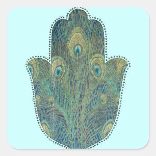 Sticker Carré Hamsa à plumes de paon  Judaica bohème