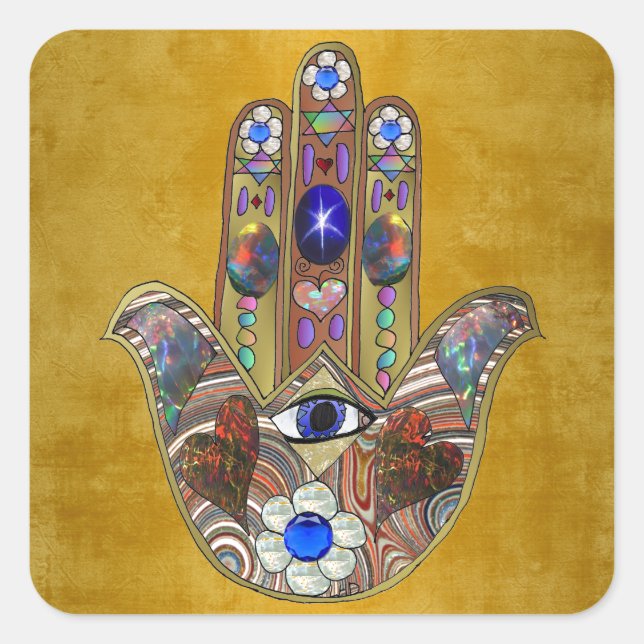 Sticker Carré Hamsa Coeurs Fleurs Opal Art sur Or (Devant)