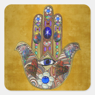 Sticker Carré Hamsa Coeurs Fleurs Opal Art sur Or