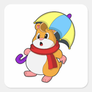 Sticker Carré Hamster à la pluie avec parapluie