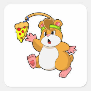 Sticker Carré Hamster à manger avec pizza