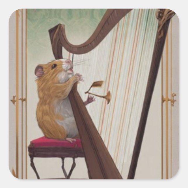 Sticker Carré Hamster Harpist – Mini Musical Illustration  (Devant)