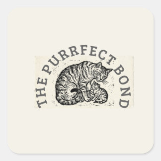 Sticker Carré Hand-Carved Linocut Cat Mom & Kitten - Motherhood 