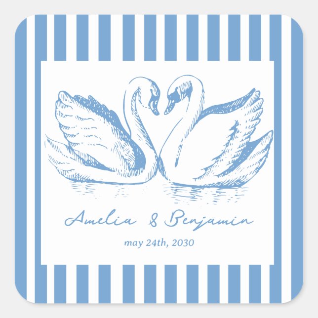Sticker Carré hand drawn Blue Couple Swan Whimsical Wedding (Devant)
