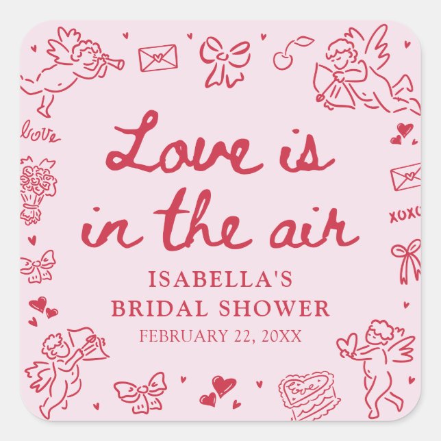 Sticker Carré Hand Drawn Pink Red Hearts Valentine Bridal Shower (Devant)