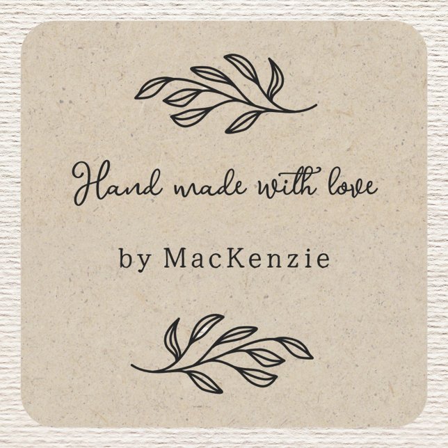 Sticker Carré Hand Made With Love Brown Paper Botanical Leaf  (Personalized hand made with love botanical leaf line art stickers for small business makers)