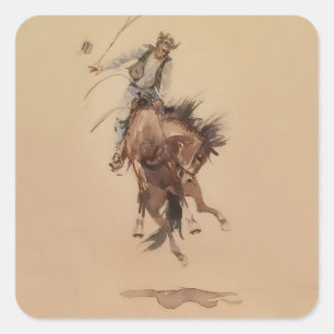 Sticker Carré Hand Whipping a Bronc par Edward Borein
