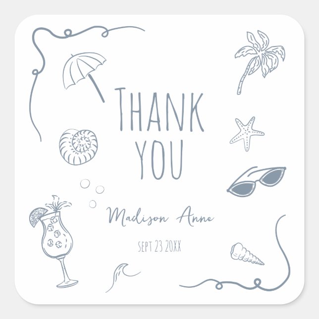 Sticker Carré HandDrawn Beach Doodle Thank You Bridal Shower (Devant)