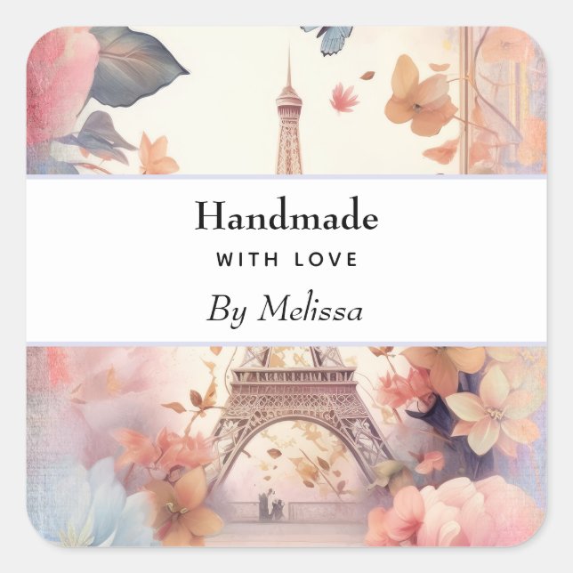 Sticker Carré handmade with Love Eiffel Tower and Flowers (Devant)