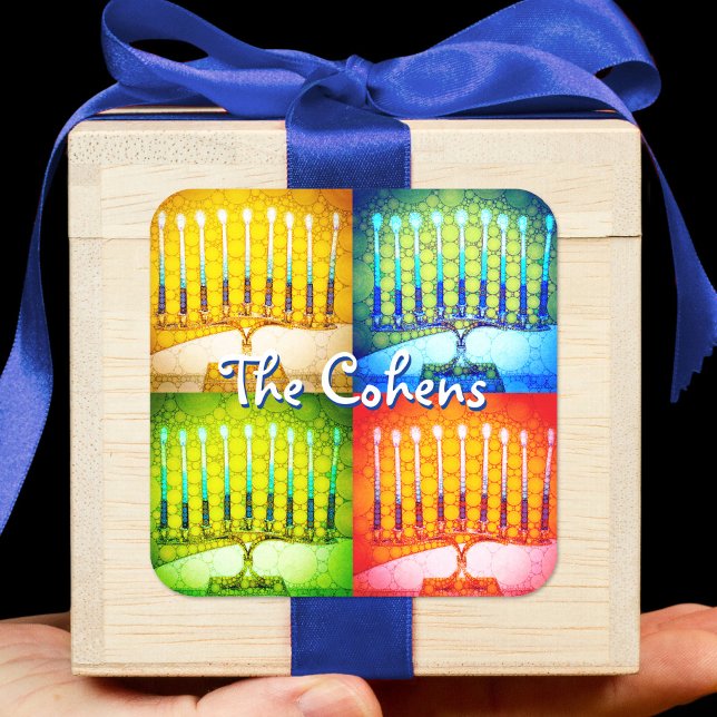 Sticker Carré Hanoukka 4 Menorah jaune bleu vert rouge gras Nom (Créateur téléchargé)