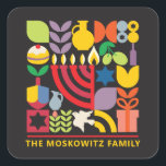 Sticker Carré Hanoukka Chanukah Menorah Dreidel Symboles juifs<br><div class="desc">Hanoukka / Chanukah Colorful Moderne Motif Géométrique Sticker de messagerie. Menorah, Dreidel, Donuts, Stars & Huile d'olive... Ils sont tous ici. Symboles d'Hanoukka hébreu et juif Espace pour ajouter votre nom. Heureux souhaits d'Hanoukka. Ce haut de gamme, beau, look, est une excellente façon de souhaiter à vos amis, famille, et...</div>