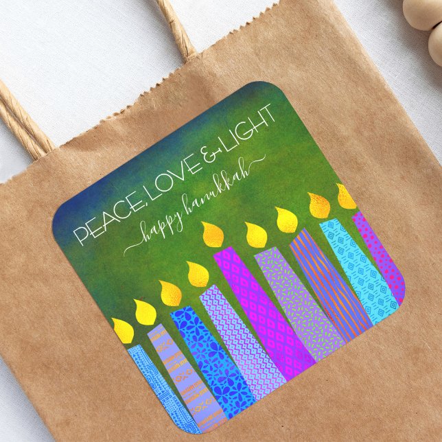 Sticker Carré Hanoukka Peace Love Light, Blue Boho Candles Green (Créateur téléchargé)
