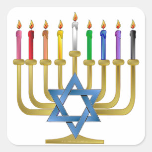 Sticker Carré Hanoukka Rainbow Candles Gold Menorah