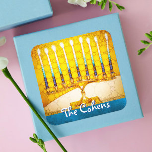Sticker Carré Hanoukka Yellow Gold Menorah Turquoise Blue Nom pe
