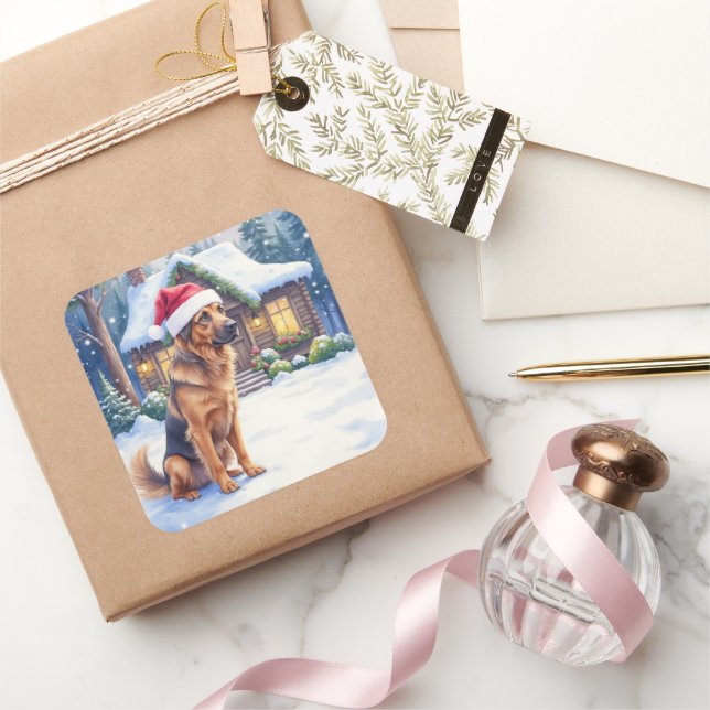 Sticker Carré Hanoverian Scenthound Snowy Forest Cabin Santa Hat (Cadeaux)