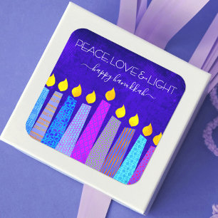 Sticker Carré Hanukkah Peace Love Bold Boho Pattern Candles Blue