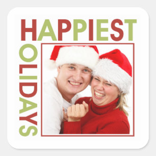 Sticker Carré Happest Holidays famille photo Noël tag cadeau