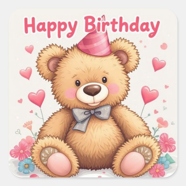 Sticker Carré Happy Birthday Cute Teddy Bear with Pink Hearts (Devant)