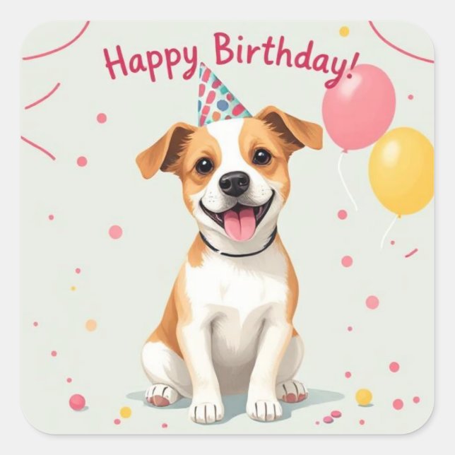 Sticker Carré Happy Birthday Dog with Party Hat & Balloons (Devant)