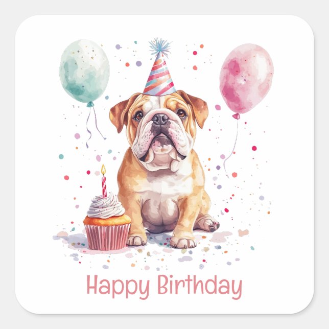 Sticker Carré Happy Birthday English Bulldog (Devant)