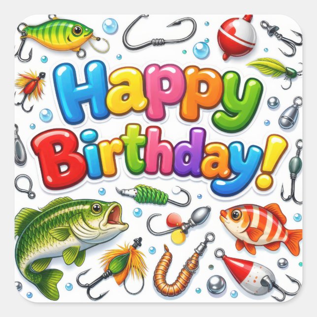 Sticker Carré Happy Birthday Fish, Lures and Hooks (Devant)