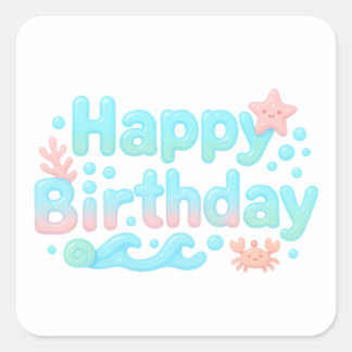 Sticker Carré Happy Birthday Glossy Ocean Pastel Text