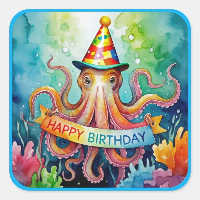 Sticker Carré Happy Birthday Octopus Party Hat Watercolor Design (Devant)
