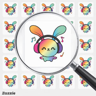 Sticker Carré Happy Bunny avec écouteurs écoutant de la musique.
