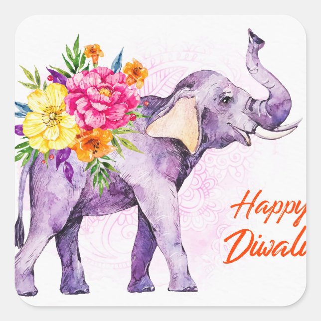 Sticker Carré Happy Diwali (Elephant with Colorful Flowers) (Devant)