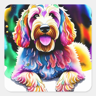 Sticker Carré Happy Dog Goldendoodle Design d'aquarelle
