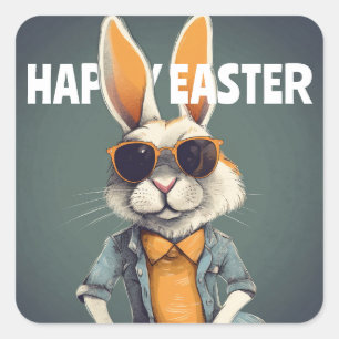 Sticker Carré Happy Easter Bunny Orange Sung Funny
