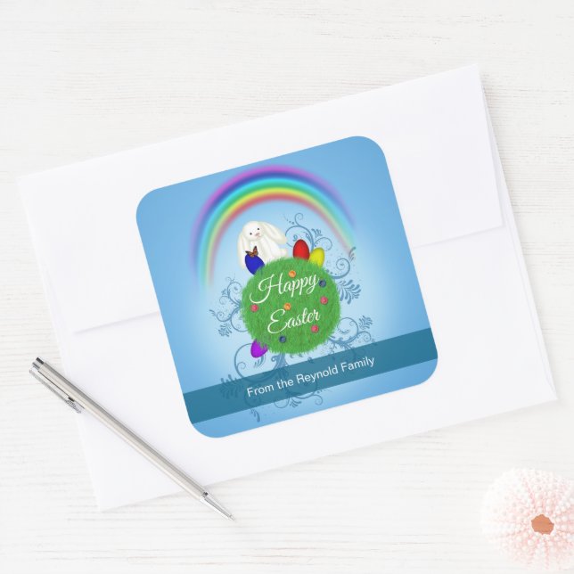 Sticker Carré Happy Easter Colorful Rainbow & Planet Cute Bunny (Enveloppe)