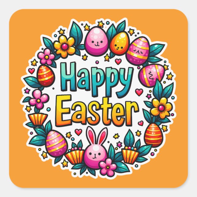 Sticker Carré Happy Easter – Cute Bunny Lettering Autocolante (Devant)