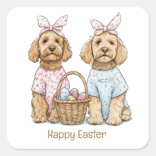 Sticker Carré Happy Easter Goldendoodle Dogs (Devant)