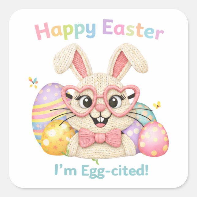 Sticker Carré Happy Easter I'm Egg-cited Bunny  (Devant)