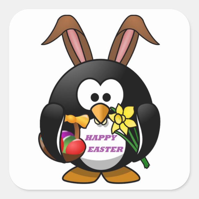STICKER CARRÉ "HAPPY EASTER" PENGUIN BUNNY (Devant)