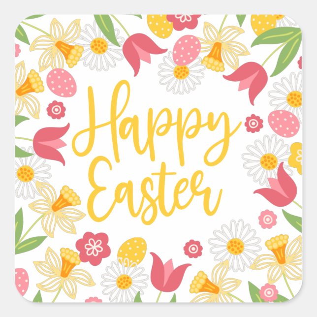 Sticker Carré Happy Easter Whimsical Red Yellow Floral (Devant)