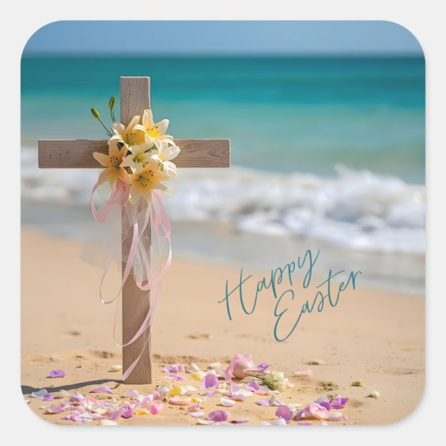 Sticker Carré Happy Easter Wooden Cross with Lilies on Beach (Devant)